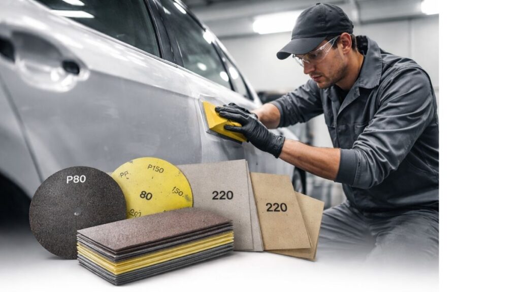 Lixamento na pintura automotiva com uso de taco e lixas para preparação da lataria