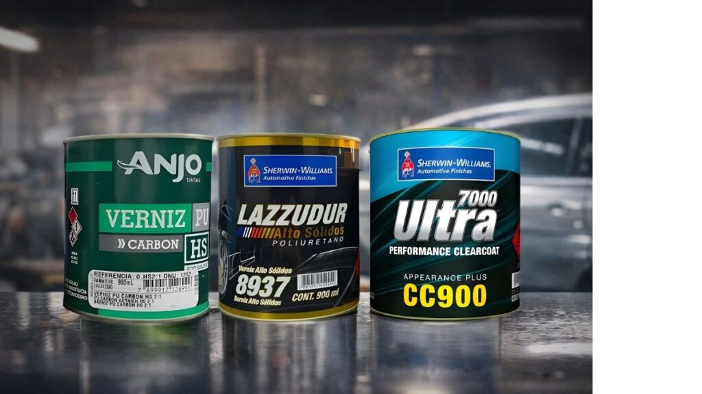 Três vernizes automotivos lado a lado: Anjo Carbon, Sherwin-Williams CC900 e Sherwin-Williams 8937