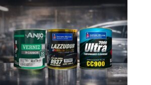 Três vernizes automotivos lado a lado: Anjo Carbon, Sherwin-Williams CC900 e Sherwin-Williams 8937