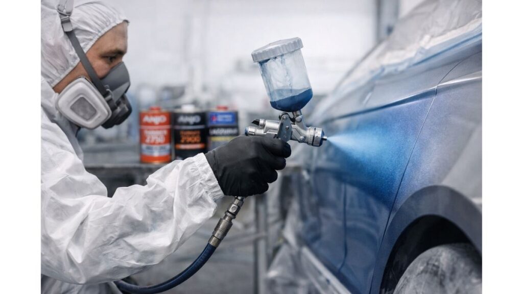 Pintor automotivo aplicando tinta com pistola de pintura durante o processo de pintura veicular