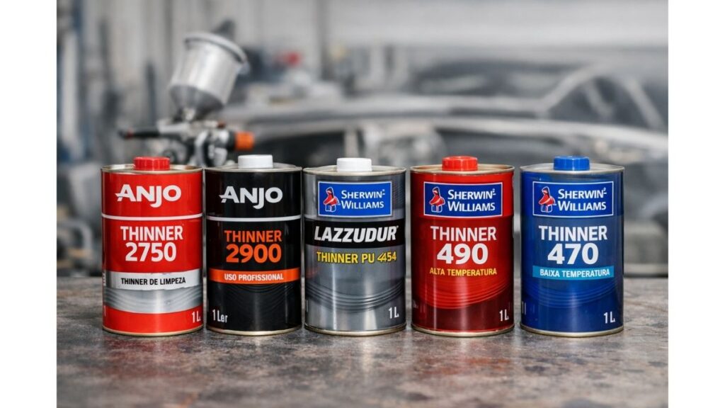 Diferentes tipos de thinner automotivo utilizados na pintura, incluindo thinner de limpeza, nitrocelulose, PU normal, alta e baixa temperatura